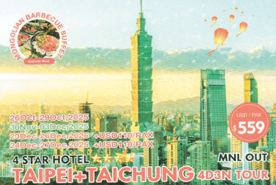 Promotional poster for a Taipei and Taichung tour with a city skyline featuring Taipei 101, colorful lanterns, tour dates, costs, and a Mongolian BBQ buffet offer.