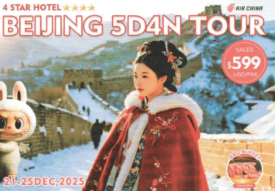 Tour advertisement for a Beijing 5-day, 4-night package. A woman in traditional attire stands on a snowy Great Wall. Price: $599 USD. Dates: December 21-25, 2025.